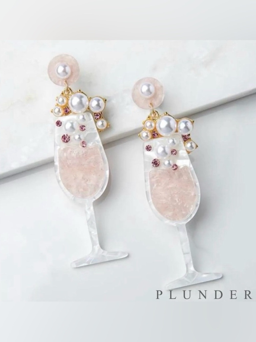 Plunder Elsa Champagne Glass Earrings Bubbly Resin Faux Pearls Dangles New+Pouch